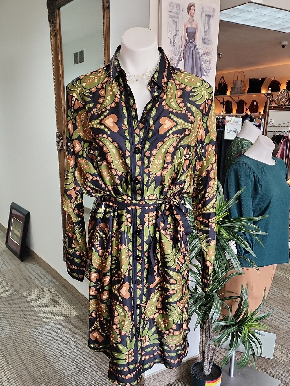 FARM Rio Black Shirt Dress with Olive & Tan Paisley